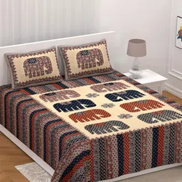 LIVING ROOTS Cream Ethnic Motifs Pure Cotton 300 TC King Bedsheet With 2 Pillow Covers-image-84