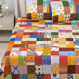 The Craft Monk Orange Printed Pure Cotton 300 TC Super King Bedsheet With 2 Pillow Covers-image-95