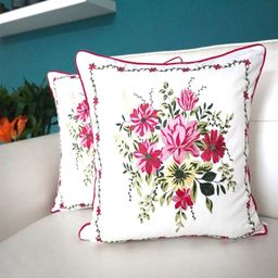 TARA- Sparkling Homes Pink & White 2-Pieces Floral Square Cushion Covers-81