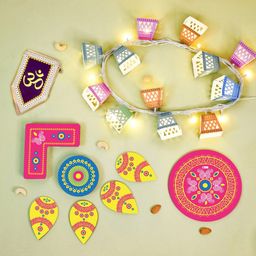 Indigifts Pink & Yellow 3 Pcs DIY Wall Hanging String Lights With Ready Rangoli & Toran-image-76