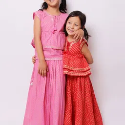 My Little Lambs Girls Pink & Gold-Toned Printed Block Print Ready to Wear Lehenga &-picture-15