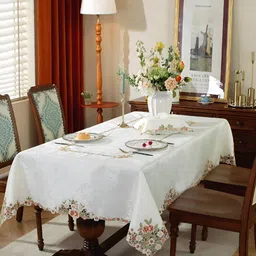 MONKDECOR Peach-Coloured Floral 6-Seater Table Cover with Embroidered details-25