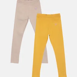 TWIN BIRDS Girls Pack Of 2 Beige & Yellow Pure Cotton Tailored-Fit Ankle-Length Leggings-image-142