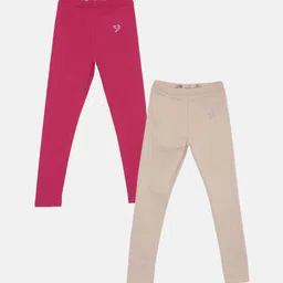 TWIN BIRDS Girls Pack Of 2 Pink & Beige Pure Cotton Tailored-Fit Ankle-Length Leggings-image-7