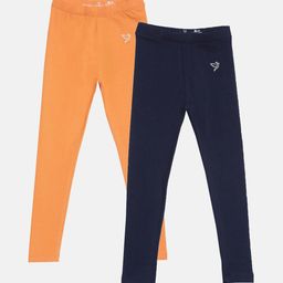 TWIN BIRDS Girls Pack Of 2 Navy Blue & Orange Pure Cotton Ankle-Length Leggings-image-8
