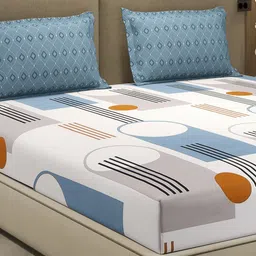 Monte Carlo White & Blue Printed Cotton 130 TC Queen Bedsheet Set 2.24 m x 2.54 m-picture-12