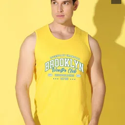 WOOSTRO Pack Of 2 Printed Combed Cotton Gym Vests VWS26(BKLN YELLOW)(MORE OLIVE)-36