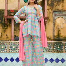 DISHWA FASHION Floral Printed Empire Pure Cotton Kurti With Trousers & Dupatta-picture-17