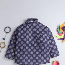 BAATCHEET Boys Ethnic Motifs Printed Band Collar Pure Cotton Short Kurta-25