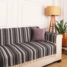 STITCHNEST Black & White Self Design 2 Seater Cotton Sofa Cover With Arms-image-7