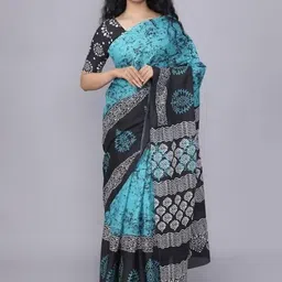 TROPWEAR Floral Linen Blend Block Print Saree-picture-7