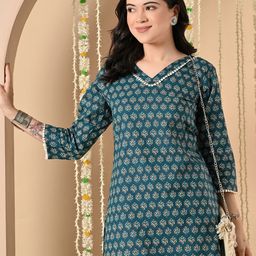 SIJOPA Women Ethnic Motifs Printed V-Neck Pure Cotton Kurti-image-7