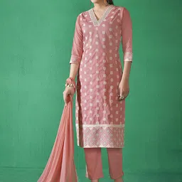 Anouk Peach Floral Embroidered V-Neck Pure Cotton Kurta With Trouser With Dupatta-picture-26