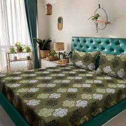 Myntra Elegant Homes Olive Green Floral Cotton 400 TC King Bedsheet Set 2.50 m x 2.25 m-picture-4