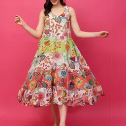 RANGRIWAZ Women Cotton Multi-Colored Floral Sleeveless Tiered Dress-21