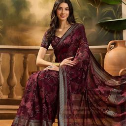 Sangria Floral Printed & Embellished Saree With Blouse Piece-11
