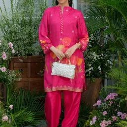 Sangria Women Pink Viscose Silk Floral Co-ord Kurta Set-picture-46