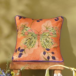 Pure Home and Living Orange & Green Butterfly Printed Velvet Square Cushion Cover-image-72