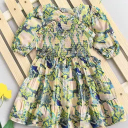 BAESD Girls Abstract Print Round Neck Smocked Puff Sleeves Tiered Cotton Fit & Flare Dress-image-91