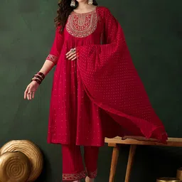 Sangria Floral Embroidered Zari Sequence Anarkali Kurta & Trouser With Dupatta image 2