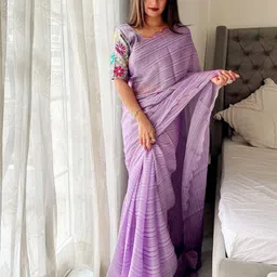 K 5 Fashion Striped Pure Chiffon Saree With Unstitched Blouse Piece-image-90