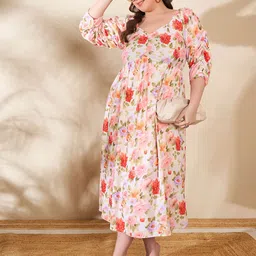 SASSAFRAS Curve Floral Print Georgette A-Line Midi Dress-image-82