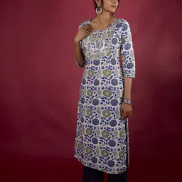 SURHI Women Floral Printed Cotton Thread Work Round-Neck Straight Kurta-picture-55