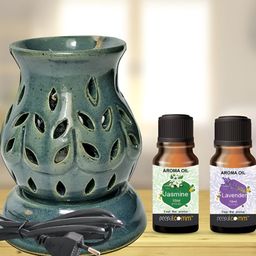 PEEPALCOMM 3Pcs Green Ceramic Electric Diffuser With Jasmine & Lavender Oils - 10 ml Each-46