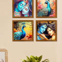 ArtVibes Blue & Brown 4 Pieces Shree Radha & Krishna Wooden Wall Art-picture-1