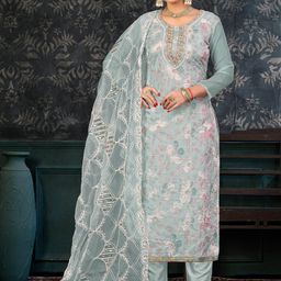 SHADOW & SAINING Floral Embroidered Zari Organza Semi-Stitched Dress Material-image-50