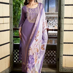 Colors of Earth Women Embroidered Regular Kurta with Trousers & With Dupatta-image-5
