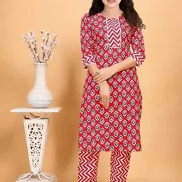 A TO Z CART Girls Ethnic Motifs Printed Round Neck Straight Kurta With Trousers-image-51