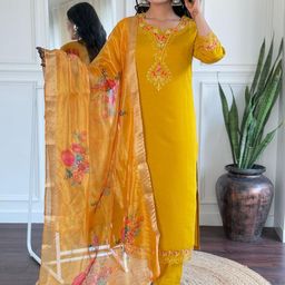 all about you Women Solid Embroidered Kurta with Trousers & Dupatta-image-1