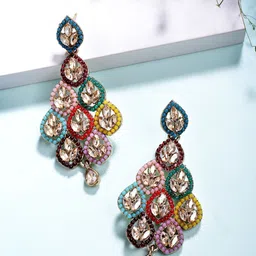 ADIVA Gold-Plated Kundan Studded & Artificial Beaded Leaf Shaped Drop Earrings-11