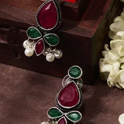 Priyaasi Silver Plated Faux Ruby Stone Studded & Beaded Oxidized Drop Earrings image 4