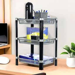 Kuber Industries Silver Toned & Black Self Design 3 Tier Racks For Storage-19