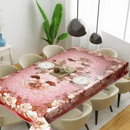 Dakshya Industries Red Floral Waterproof Plastic 6-Seater Table Cover-8
