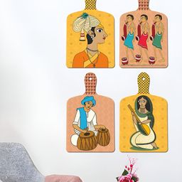 ArtVibes Beige & Peach-Colored 4 Pieces Kalighat Printed Wooden Wall Hangings-image-3