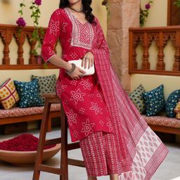Pannkh Bandhani Printed V-Neck Pure Cotton Straight Kurta With Trousers & Dupatta-9