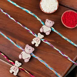 LUCKY JEWELLERY Kids Set Of 4 Trendy Teddy Bear Design Thread Rakhi With Greeting Card-image-30