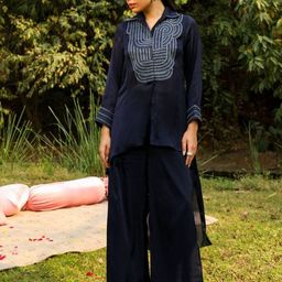 AJIESH OBEROI Embroidered Shirt Collar Neck Asymmetric Top with Palazzos Co-Ords-image-35