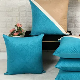 IVAZA Beige & Blue Set of 5 Colourblocked Velvet Square Cushion Covers-19