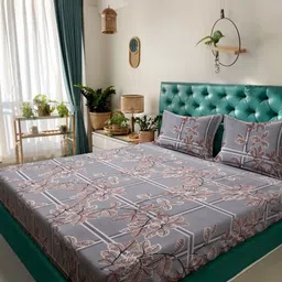 HOSTA HOMES Grey & Beige Floral 300 TC Queen Bedsheet with 2 Pillow Covers-image-57