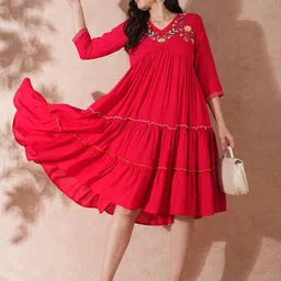 Globus Women Yoke Embroidered Alia Cut Tiered A-Line Ethnic Dress-image-9