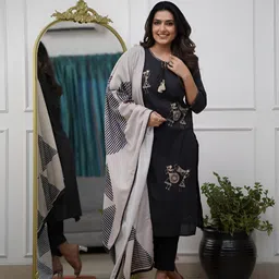 Happy Design Women Ethnic Motifs Printed Thread Work Pure Silk Kurta Trousers & Dupatta-picture-34