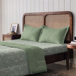 The Happy Pod Green & White Microfiber Queen Bedsheet & Comforter with 2 Pillow Covers-53