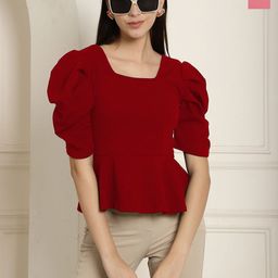 Metronaut Women Pack Of 2 Square Neck Puff Sleeve Peplum Top-image-54