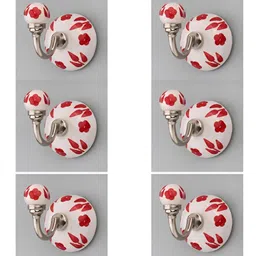 IndianShelf White & Red 6 Pieces Ceramic Floral Cloth Hangers Coat Hooks-image-78