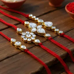 LUCKY JEWELLERY Set Of 4 Stone-Studded & Beaded Rakhi With Greeting Card Gift Set-25