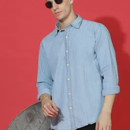 EPPE Men Smart Cutaway Collar Vertical Stripes Solid Denim Casual Shirt-image-15